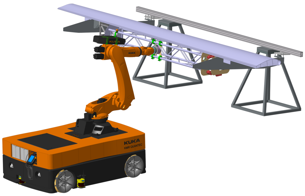 Mobiler Roboter mit Montagevorrichtung und eingespannter Landeklappe in Montageposition