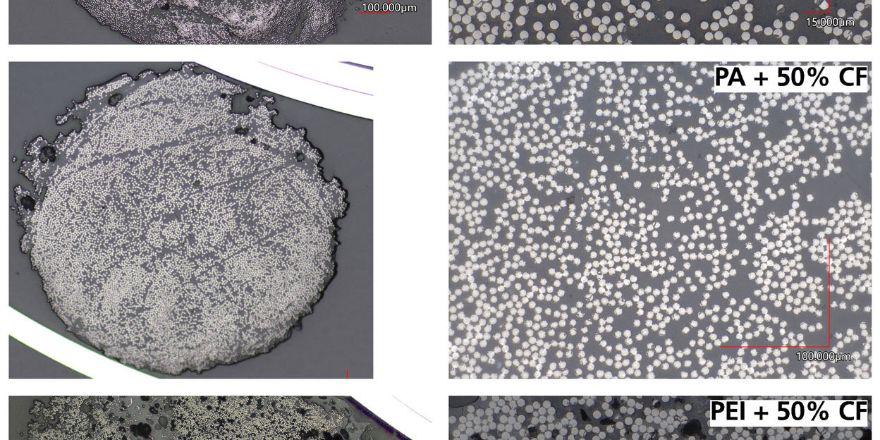 ENDLOSEFFEKT_FirstImpregnationResults Hergestellte endlosfaserverstärkte Filamente aus unterschiedlichen Faser-Matrix-Kombinationen