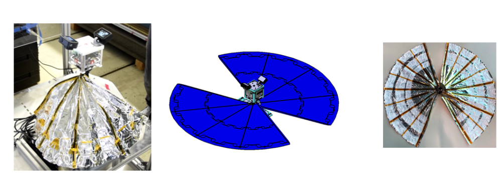 Entfaltungen in Bodenversuchen zeigen den Einfluss der Gravitation. Entfaltete Flügel am WingSat. Ein entfaltetes Flügelmodul vor dem Einbau.