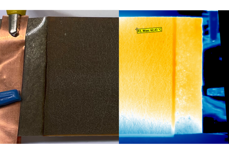 Bild der ungeheizten (links) und Infrarotaufnahme (rechts) der geheizten Probe mit integriertem metallisiertem Vlies