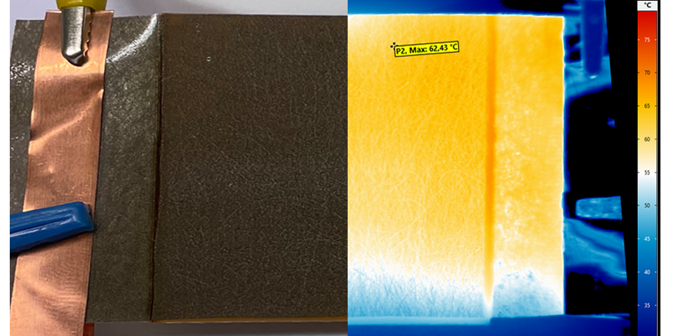 Bild der ungeheizten (links) und Infrarotaufnahme (rechts) der geheizten Probe mit integriertem metallisiertem Vlies