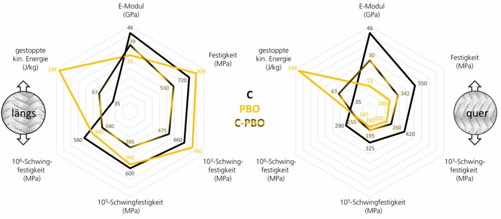 Materialkennwerte der Längs- und Querrichtung: E-Modul, Zugfestigkeit, Schwingfestigkeiten für Lebensdauern von 10³, 10⁵ und 10⁶ Lastwechseln, Impact-Ergebnisse des Instituts für Bauweisen und Strukturtechnologie