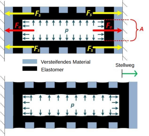 FAMoUS Wirkprinzip: Druckänderung erzeugt eine Längenänderung.